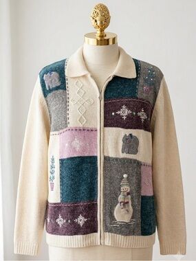 Vtg Alfred Dunner Patchwork Christmas Cardigan XL Grannycore Cat Snowman Zip Up